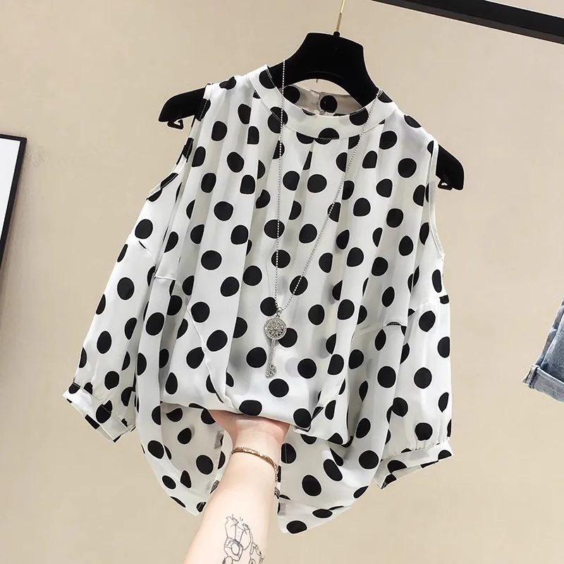 Plus size women's summer new style fat girl loose slimming belly-covering top polka-dot off-shoulder short-sleeved chiffon shirt