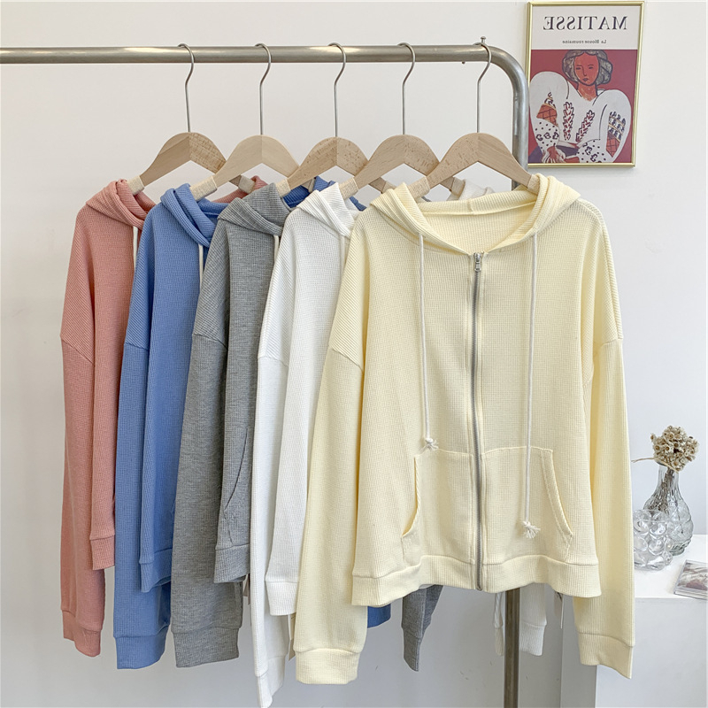 Momianda Series Tops Women's Waffle Cardigan Zipper Sweater Women's 2024 Autumn New Loose Student Jacket