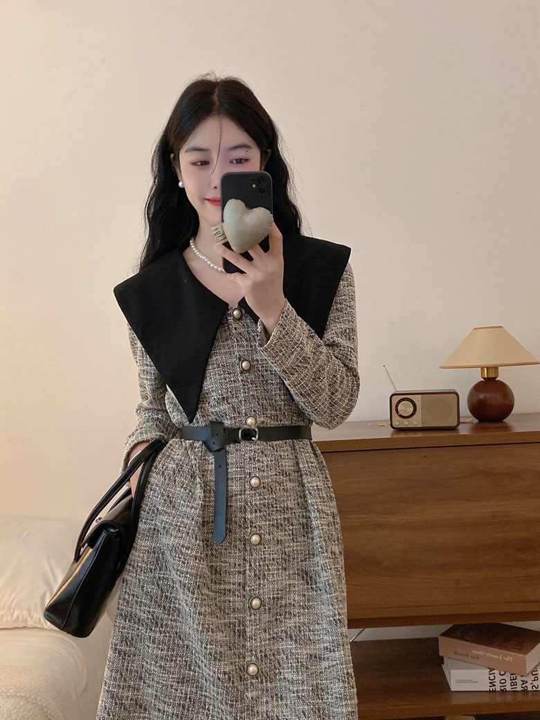 French style long-sleeved dress for women 2024 autumn new skirt high-end slimming long skirt