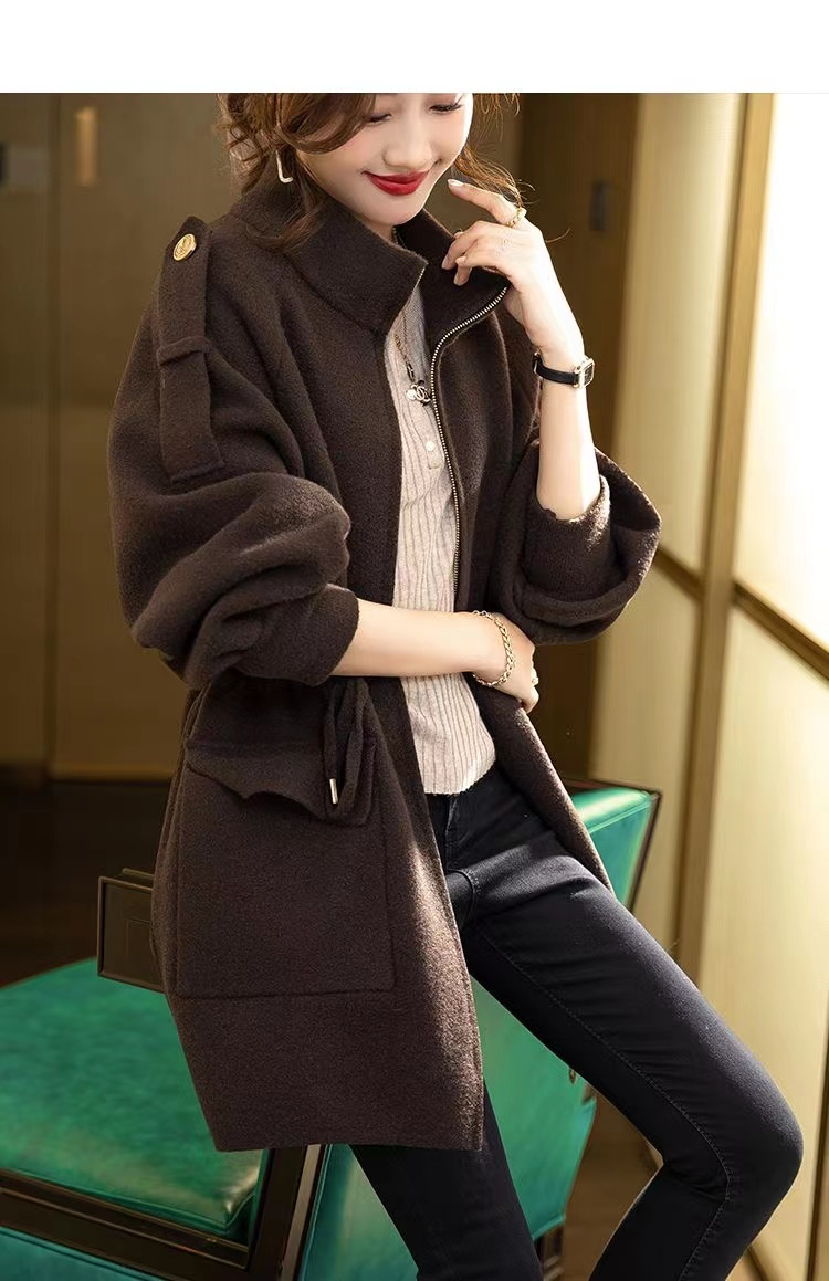 2024 Winter New Woolen Coat Women's Fashion Solid Color Large Size Loose Drawstring Stand Collar Black Coat Women's Autumn and Winter