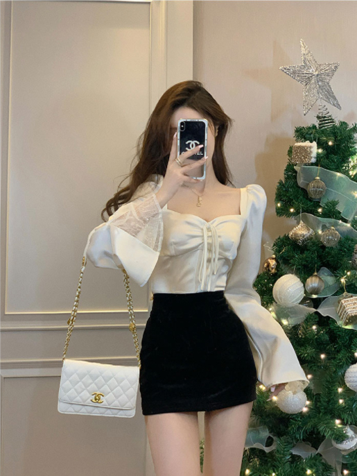 Temperament Square Neck Satin Bell Sleeves Spliced ​​Lace Long Sleeve Shirt Women  New Slim Short Sexy Top