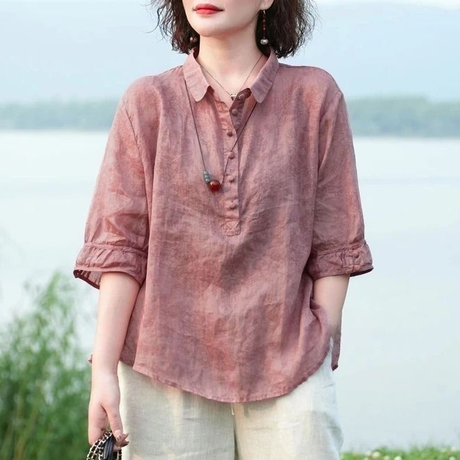 High-end women's new style jacquard lapel shirt, fashionable retro women's mid-sleeve shirt, slim-covering thin shirt