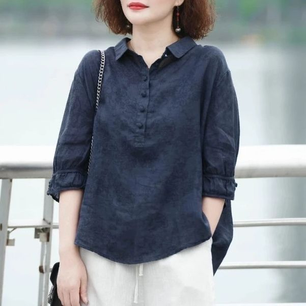 High-end women's new style jacquard lapel shirt, fashionable retro women's mid-sleeve shirt, slim-covering thin shirt