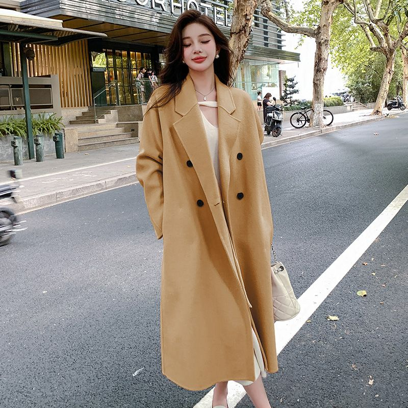 Pink double-sided cashmere woolen coat for women autumn and winter 2024 new Korean style over-the-knee woolen coat