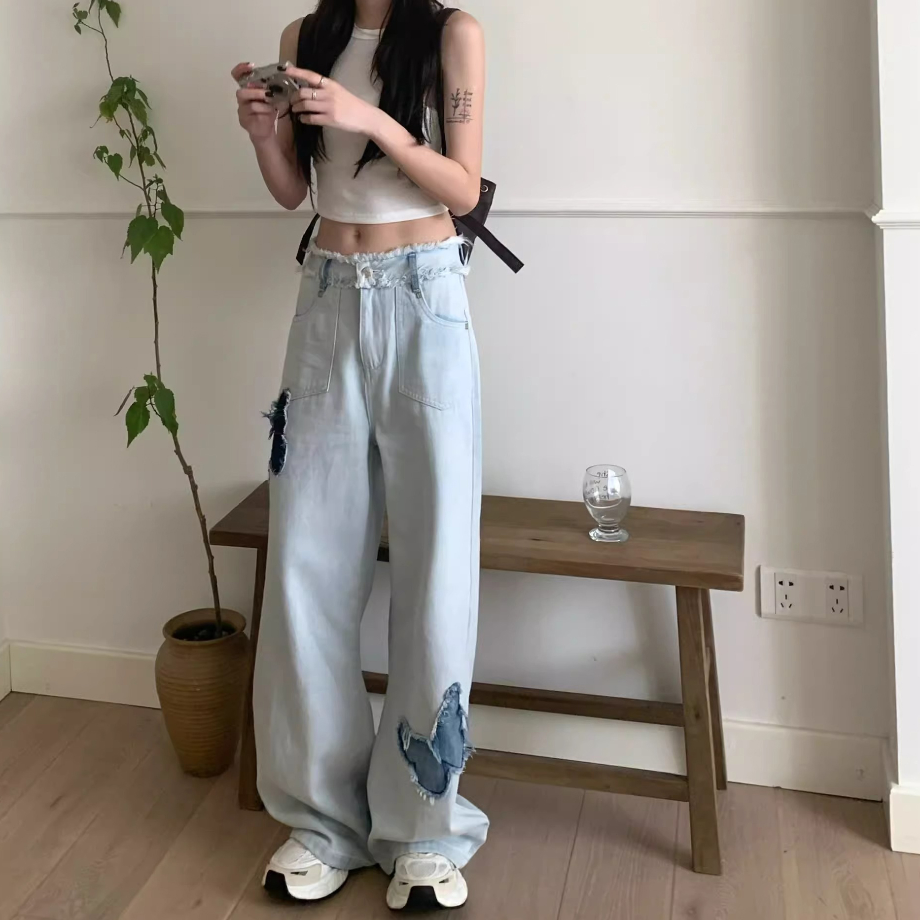 Korean style high-waisted wide-leg jeans for women spring new loose light blue butterfly loose drape straight pants