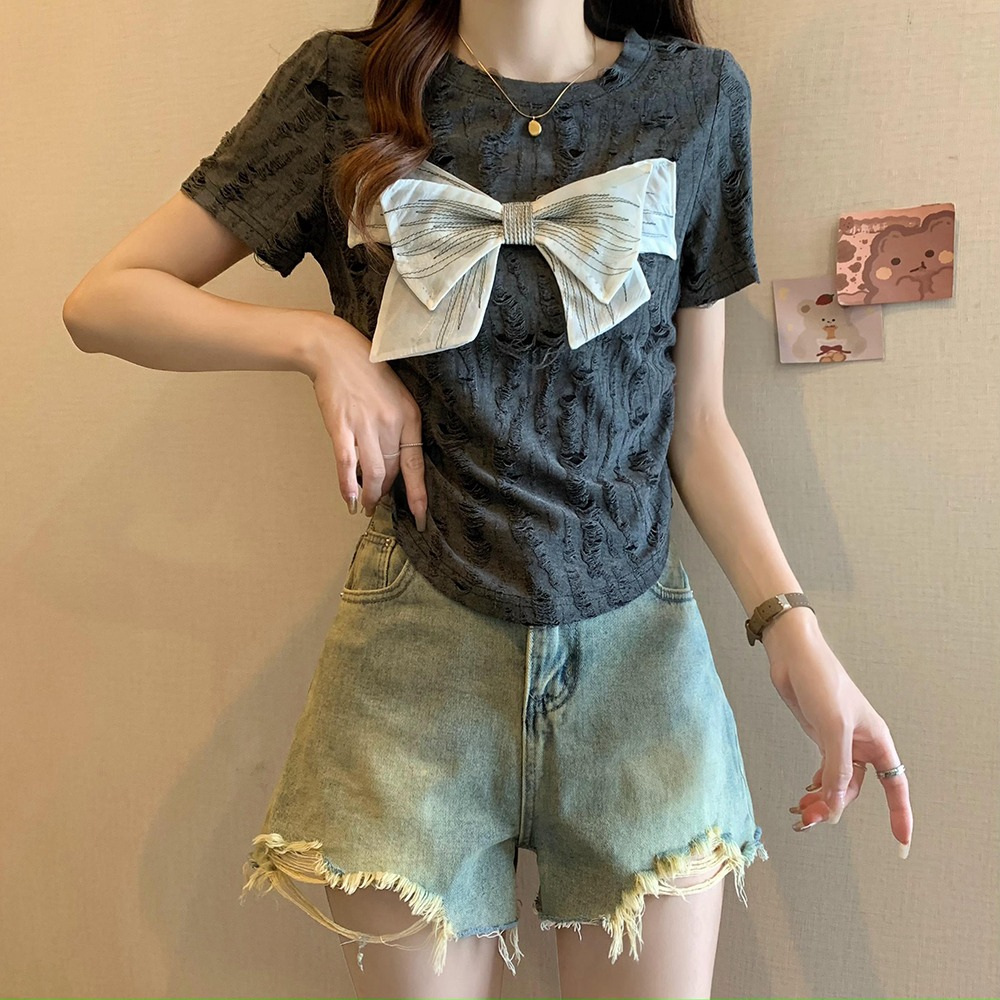 T-shirt for women 2024 summer waist slimming ripped top MM bow design right shoulder T-shirt