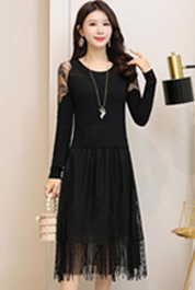 2020春装新款毛衣裙女时尚韩版修身黑色蕾丝打底中长款针织连衣裙