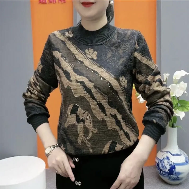 Winter new style half turtleneck plus velvet bottoming shirt middle-aged fashion warm printed mother T-shirt middle-aged tops