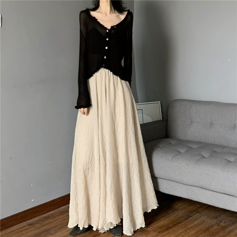 Double-layer cotton and linen skirt for women with large skirt, spring and autumn new style, gentle style, mid-length, high-waisted atmosphere, retro long skirt for women