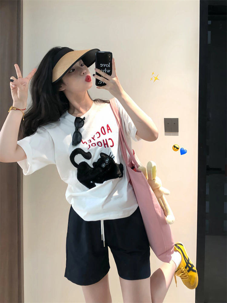 Casual sports suit for women 2024 new summer student loose short-sleeved T-shirt shorts two-piece set