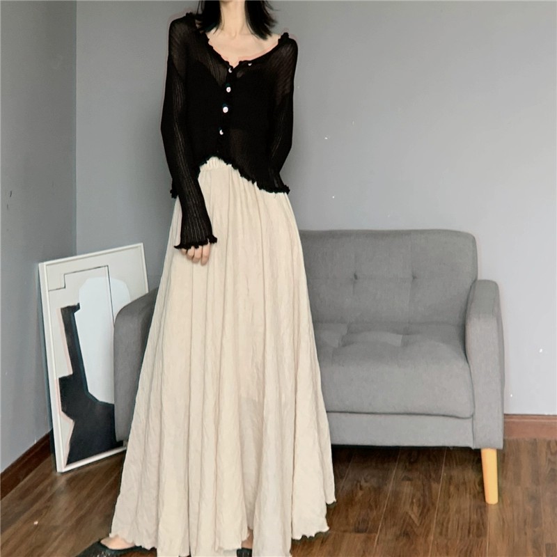 Double-layer cotton and linen skirt for women with large skirt, spring and autumn new style, gentle style, mid-length, high-waisted atmosphere, retro long skirt for women