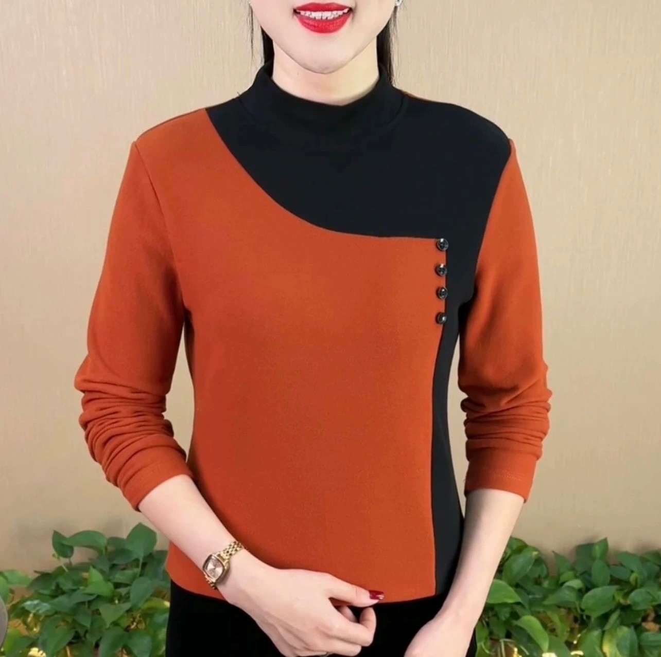 Autumn and winter women's clothing  new warm mother's wear long-sleeved T-shirt plus velvet and thickened half turtleneck color-blocked long-sleeved top