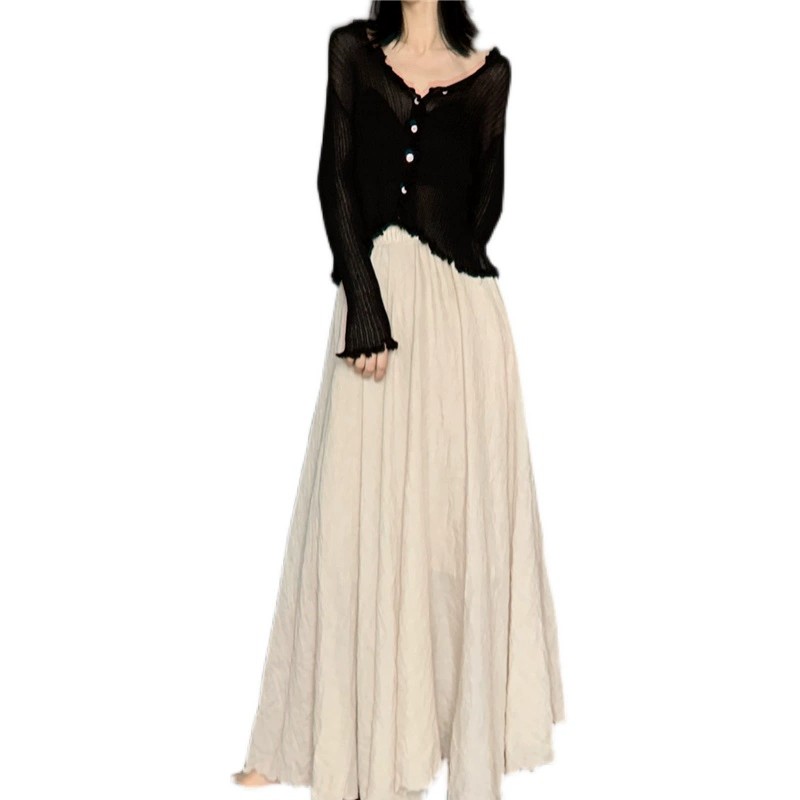 Double-layer cotton and linen skirt for women with large skirt, spring and autumn new style, gentle style, mid-length, high-waisted atmosphere, retro long skirt for women