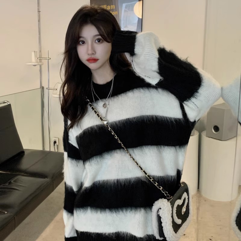 Striped color block sweater women's autumn and winter  new Korean style loose lazy style long-sleeved outer sweater top