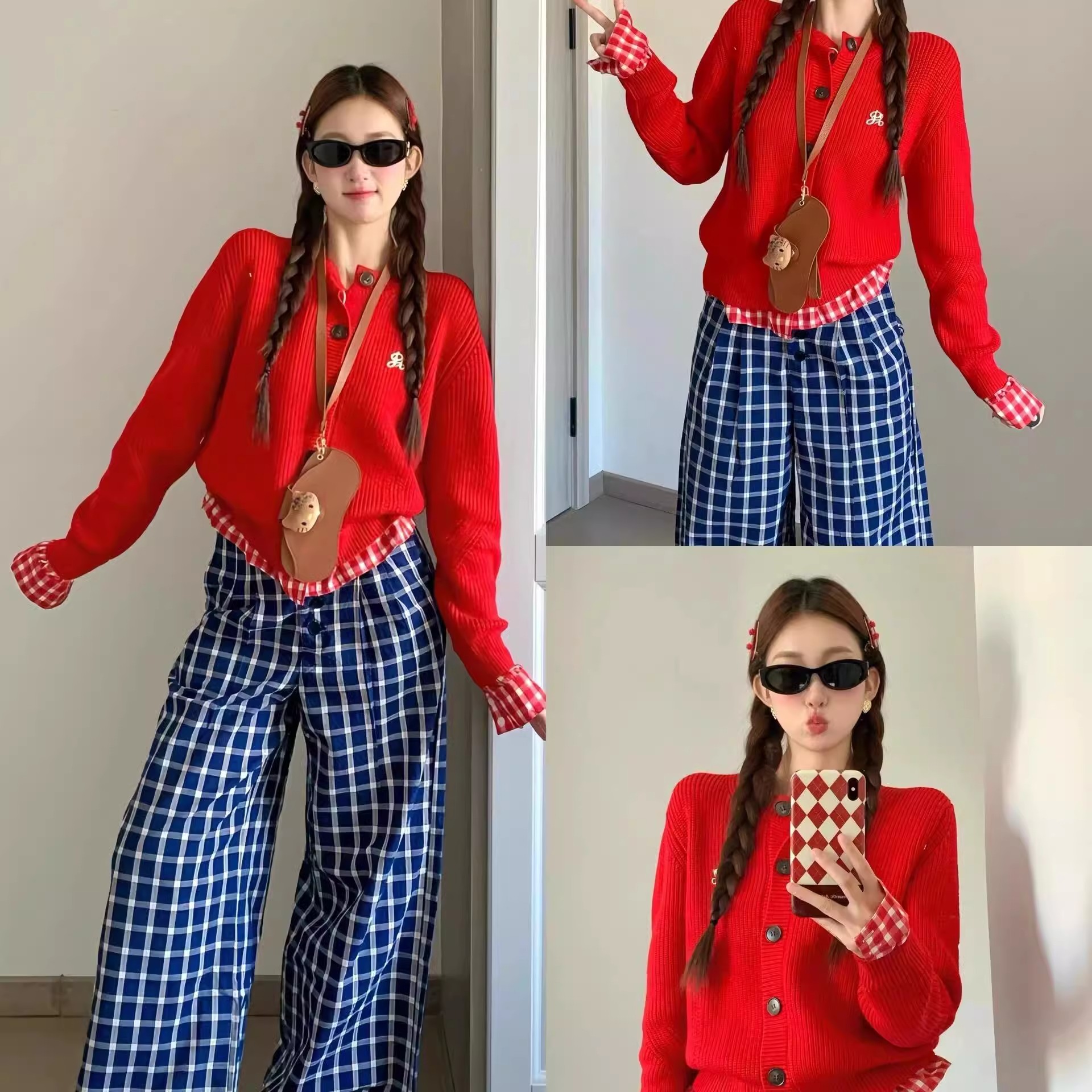 Korean fake two-piece red plaid knitted cardigan for women autumn and winter design stitching sweater jacket short top