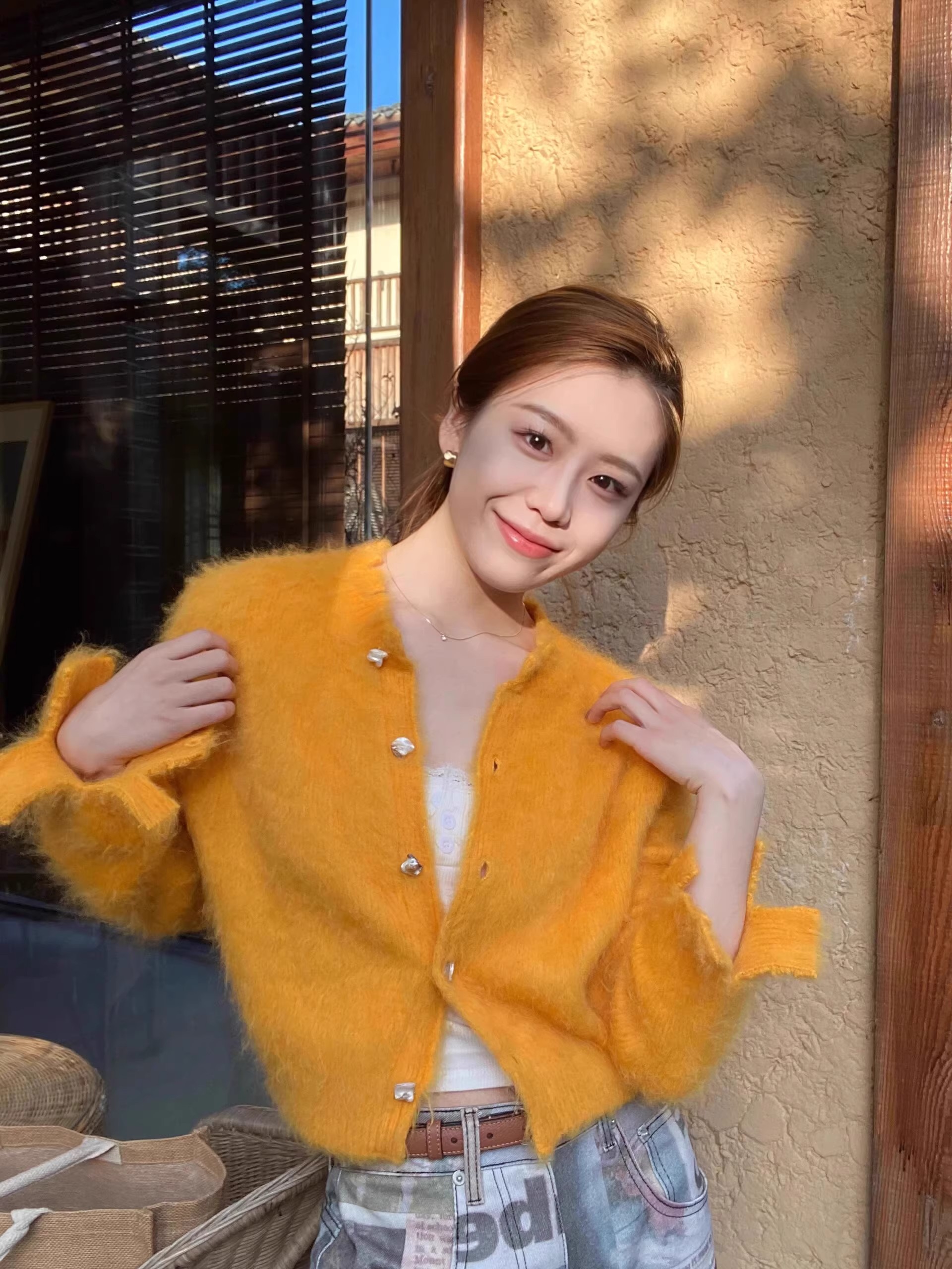 2024 early spring new orange mohair sweater women's winter knitted cardigan coat chic high-end top