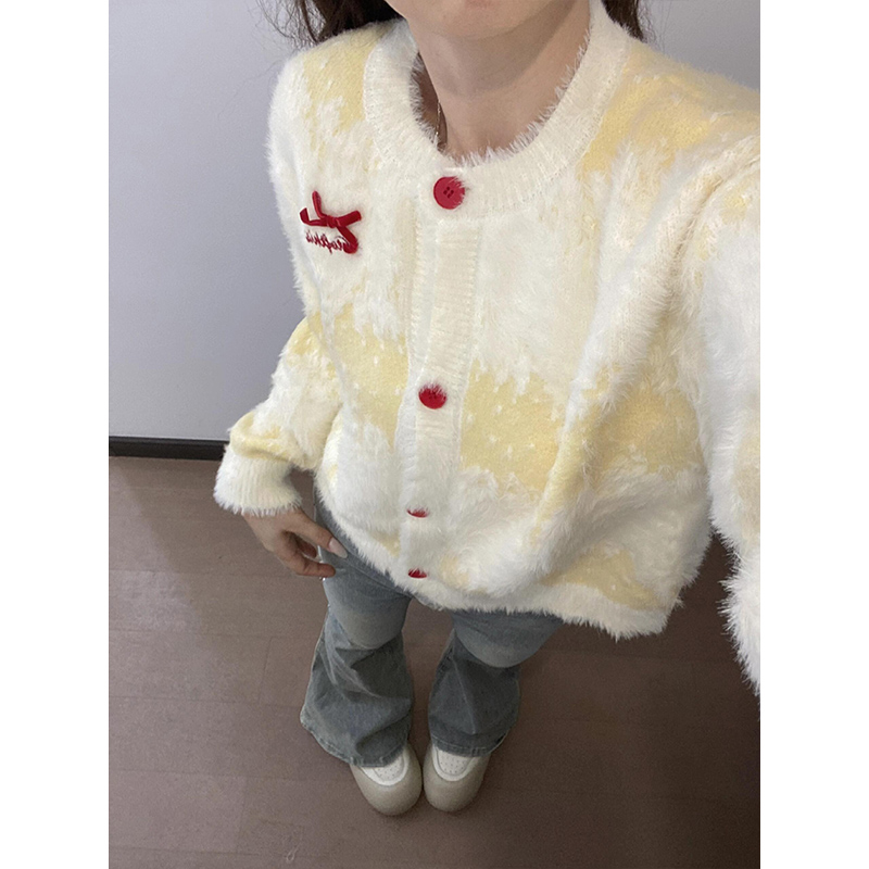 Designed bow gradient striped soft waxy sweater for women 2024 autumn and winter new loose imitation mink velvet sweater trend