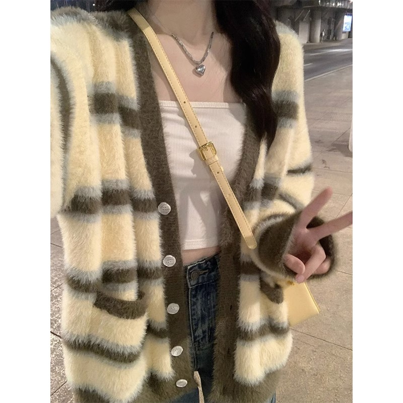 Mohair striped sweater jacket for women autumn and winter  new retro Korean college style thickened knitted cardigan