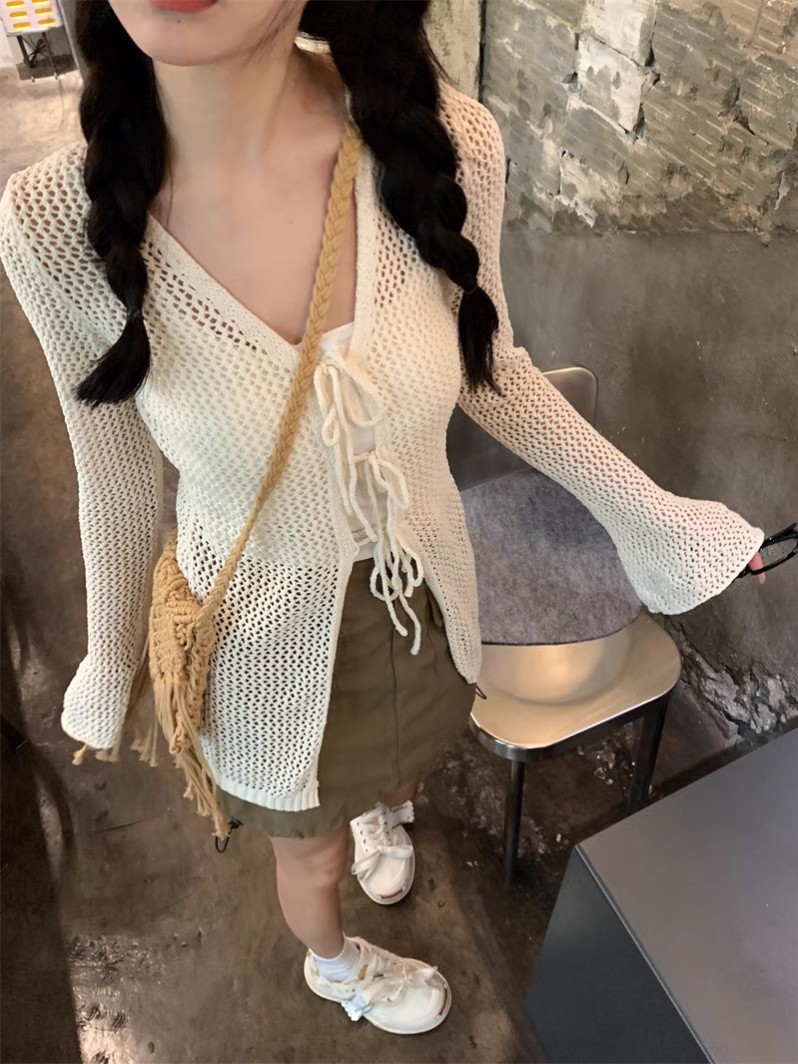 kumikumi apricot design hollow lace-up V-neck sweater women's summer slim and versatile sun protection top