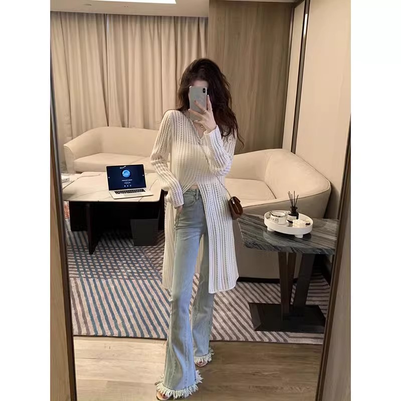 White wool sweater hollow long coat sweater slit design sun protection sweater jacket European goods 24 summer