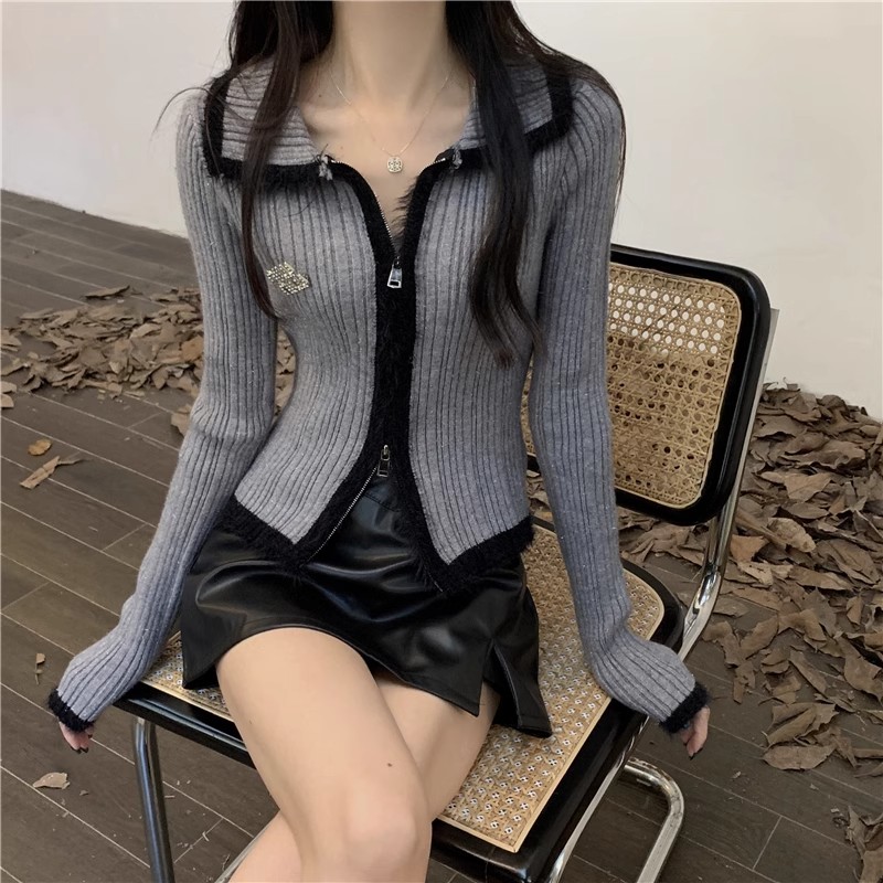 Red Christmas Plush Spliced ​​Lapel Knitted Cardigan Women's Autumn and Winter Slim Fit Chic Double Zipper Bottoming Sweater