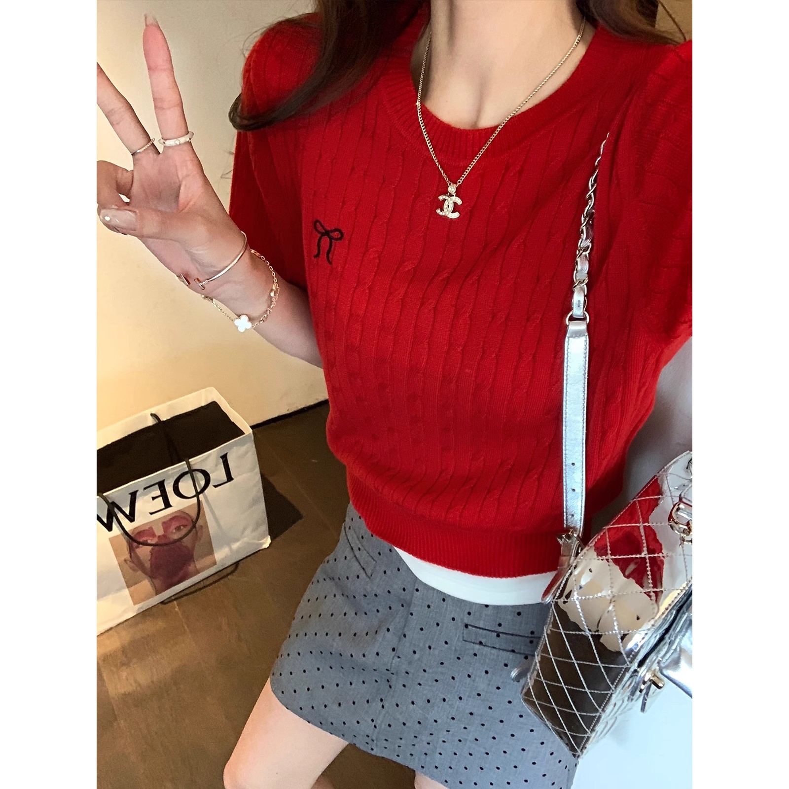 GIOIO Peninsula Love Letter ~ Twist pattern wool thin solid color crop top short-sleeved sweater