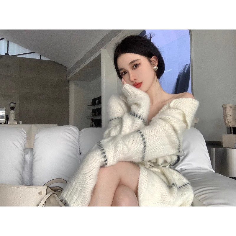 Korean sweater jacket for women with lapel, ladylike style, royal sister style, high-end oversize thickened knitted cardigan