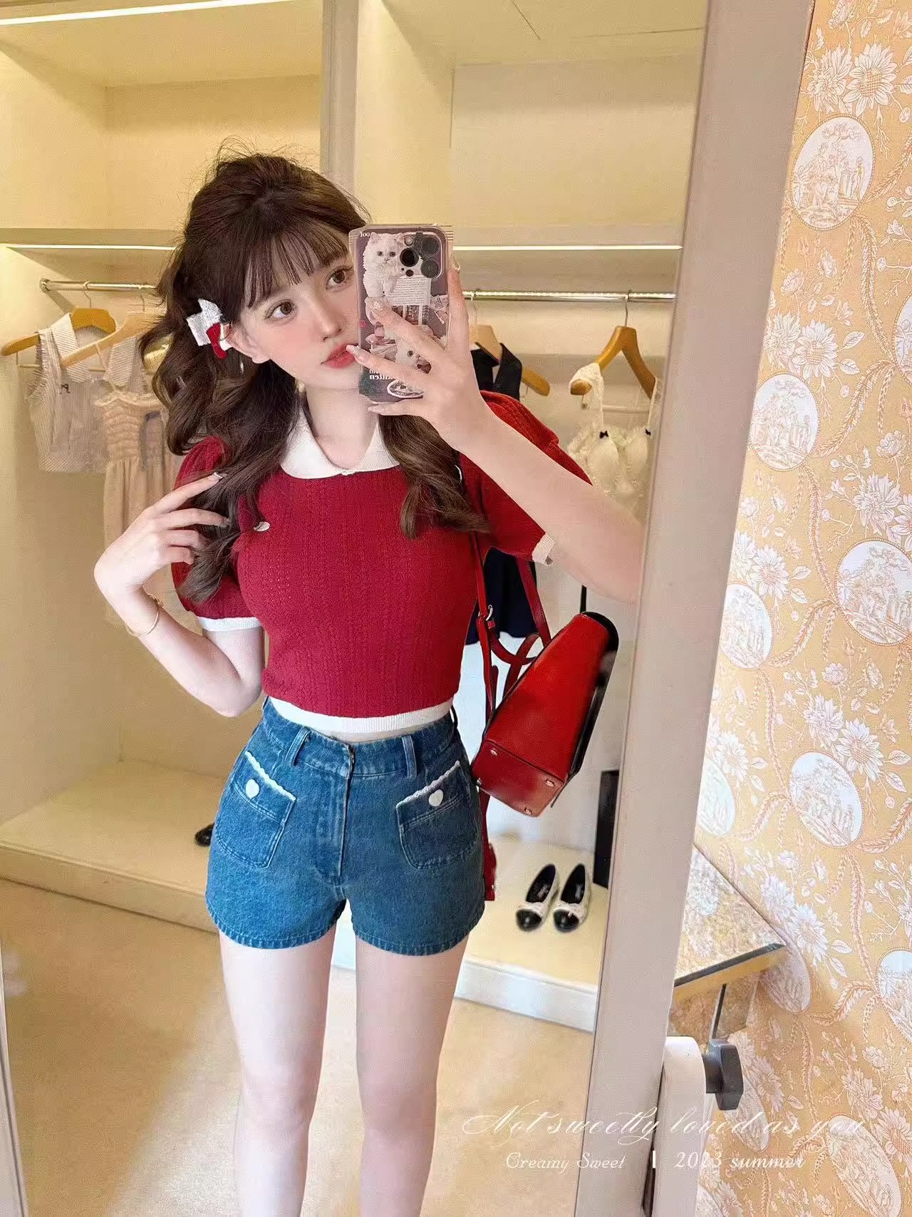 Baby doll collar contrast color dopamine girl sweater T-shirt design hollow top women 2024 summer new style