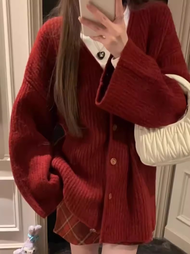 Christmas Outfit New Year Red Sweater Jacket Women's Autumn and Winter  New Style Chic and Beautiful Knitted Cardigan