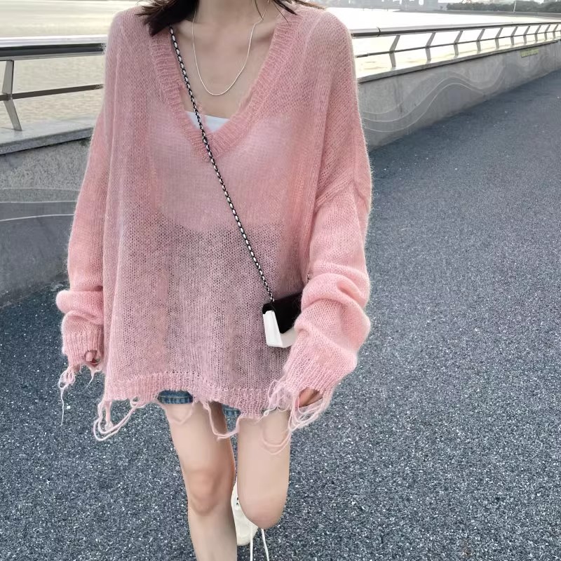 Japanese lazy style hollow fringed knitted blouse in summer with sweet loose niche design and sun protection top