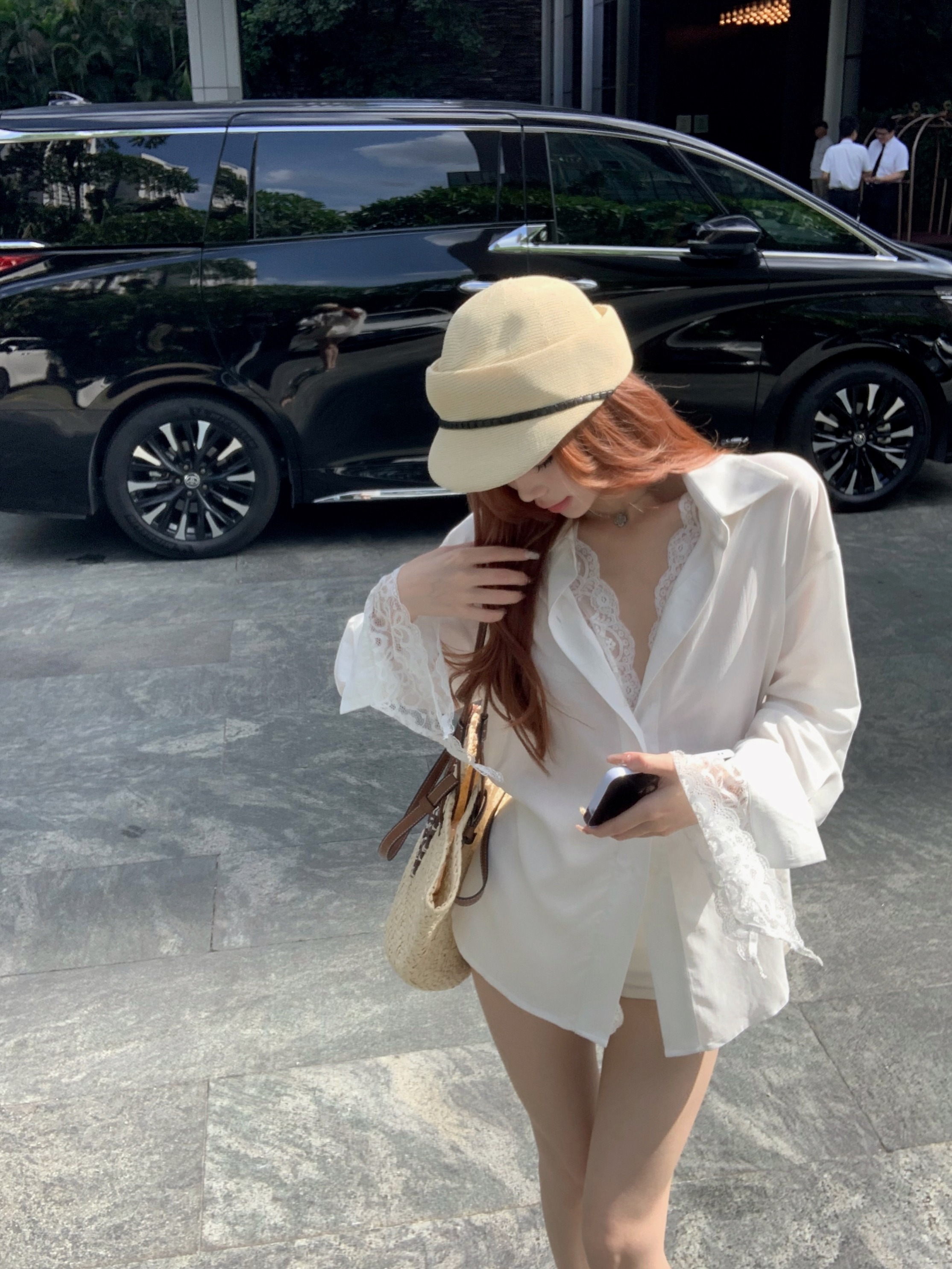 Fake two-piece white long-sleeved loose shirt women's summer lace splicing sun protection shirt mid-length temperament top