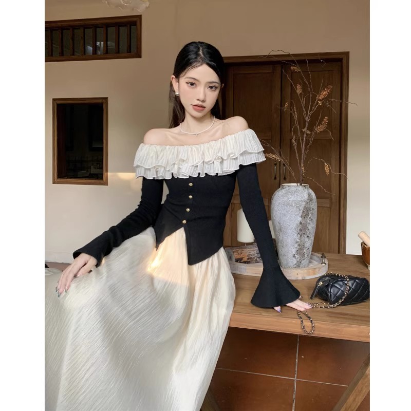 Sweet ruffled chic long-sleeved knitted top autumn niche pure lust style off-shoulder bottoming top for women