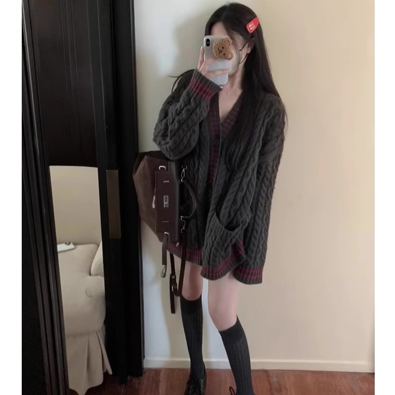 Korean style lazy style soft waxy twist cardigan sweater for women in autumn and winter loose mid-length outer thick knitted jacket