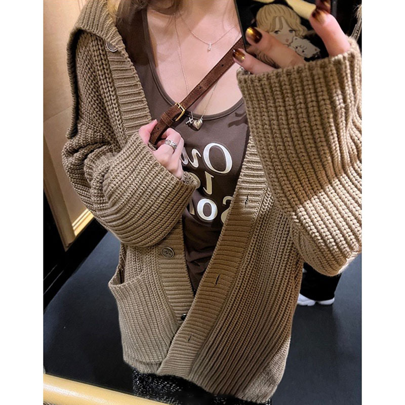 Art student design brown knitted sweater jacket for women 24 autumn and winter sailor collar sweet cool style loose top