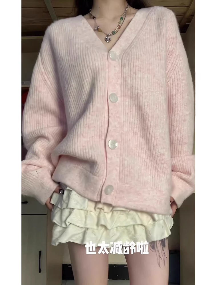 Pink V-neck Soft Waxy Cardigan Spring and Autumn Sweater Women's New Loose Lazy Gentle Wind Jacket Knitted Outer Top