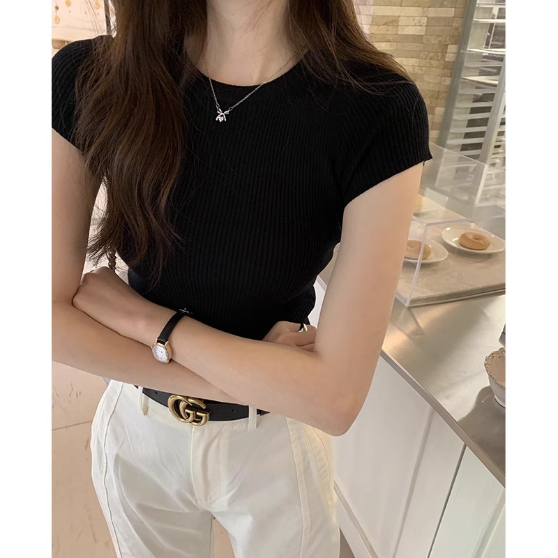 Korean style pullover round neck slim short-sleeved T-shirt for women 2024 summer new slimming milk yellow versatile knitted top