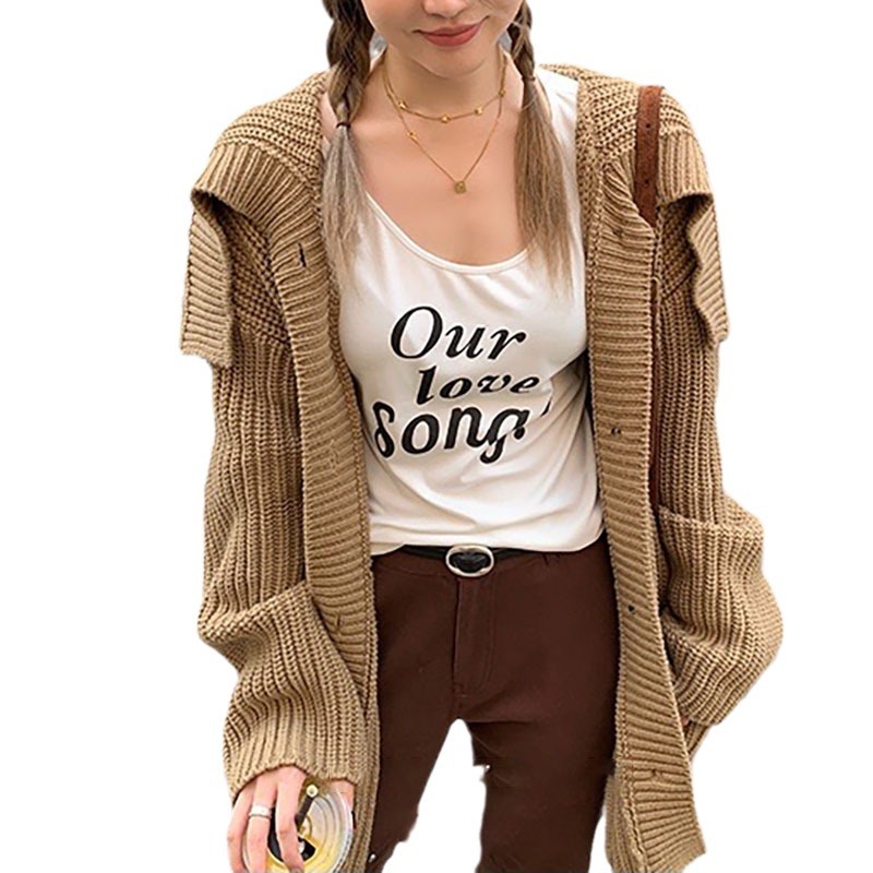 Art student design brown knitted sweater jacket for women 24 autumn and winter sailor collar sweet cool style loose top