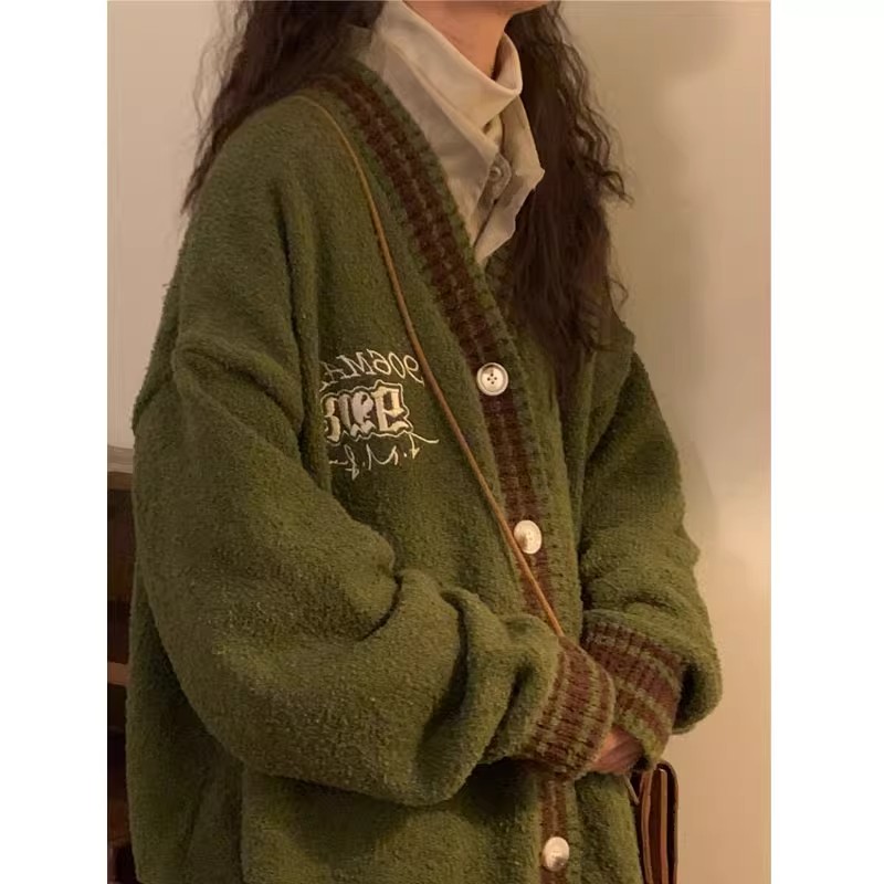 American retro college style embroidered cardigan sweater jacket for women autumn and winter outer wear loose high-end knitted sweater top