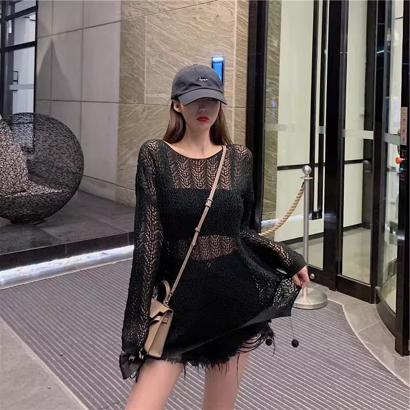 White one-shoulder hollow sweater for women in summer thin long-sleeved outer air-conditioning blouse short sun protection top