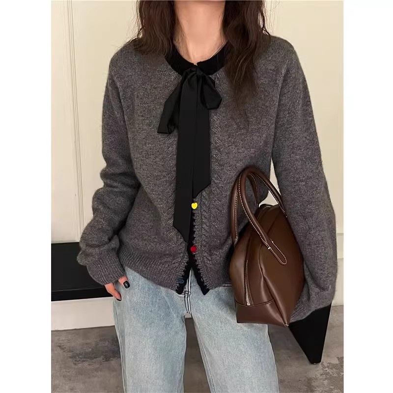 Colorful Button Bow Wool Knitted Cardigan Sweater Women's Christmas Red Winter Clothes 2024 New European Fashion Women's Clothing Trend