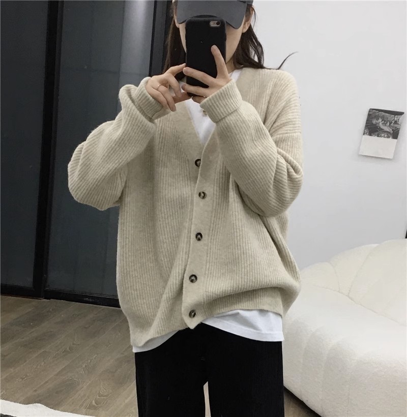 High quality autumn and winter new BI Korean style V-neck textured single-breasted sweater cardigan coat knitted sweater tops for women