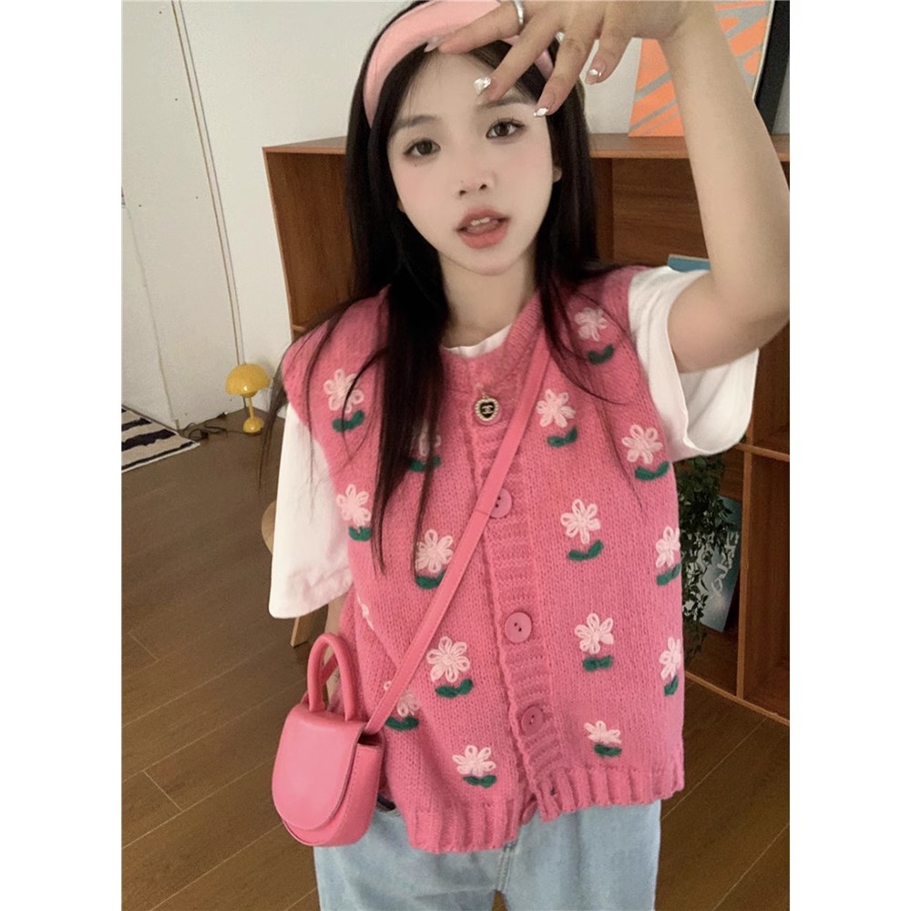 Sweet age-reducing pink knitted vest for women's outer wear spring design embroidered flowers layered sweater vest vest