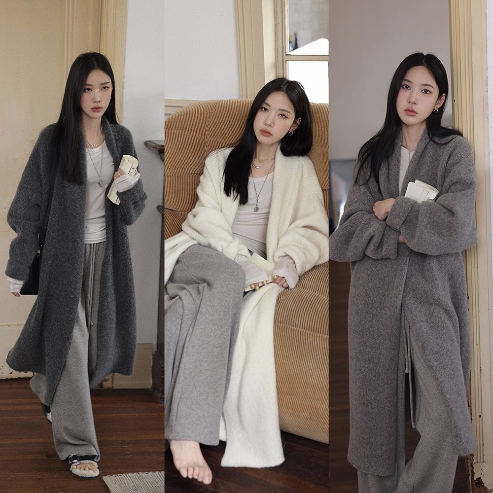 Zhang Beibei ibell sheep wool lazy style mid-length knitted cardigan women's French loose temperament coat autumn