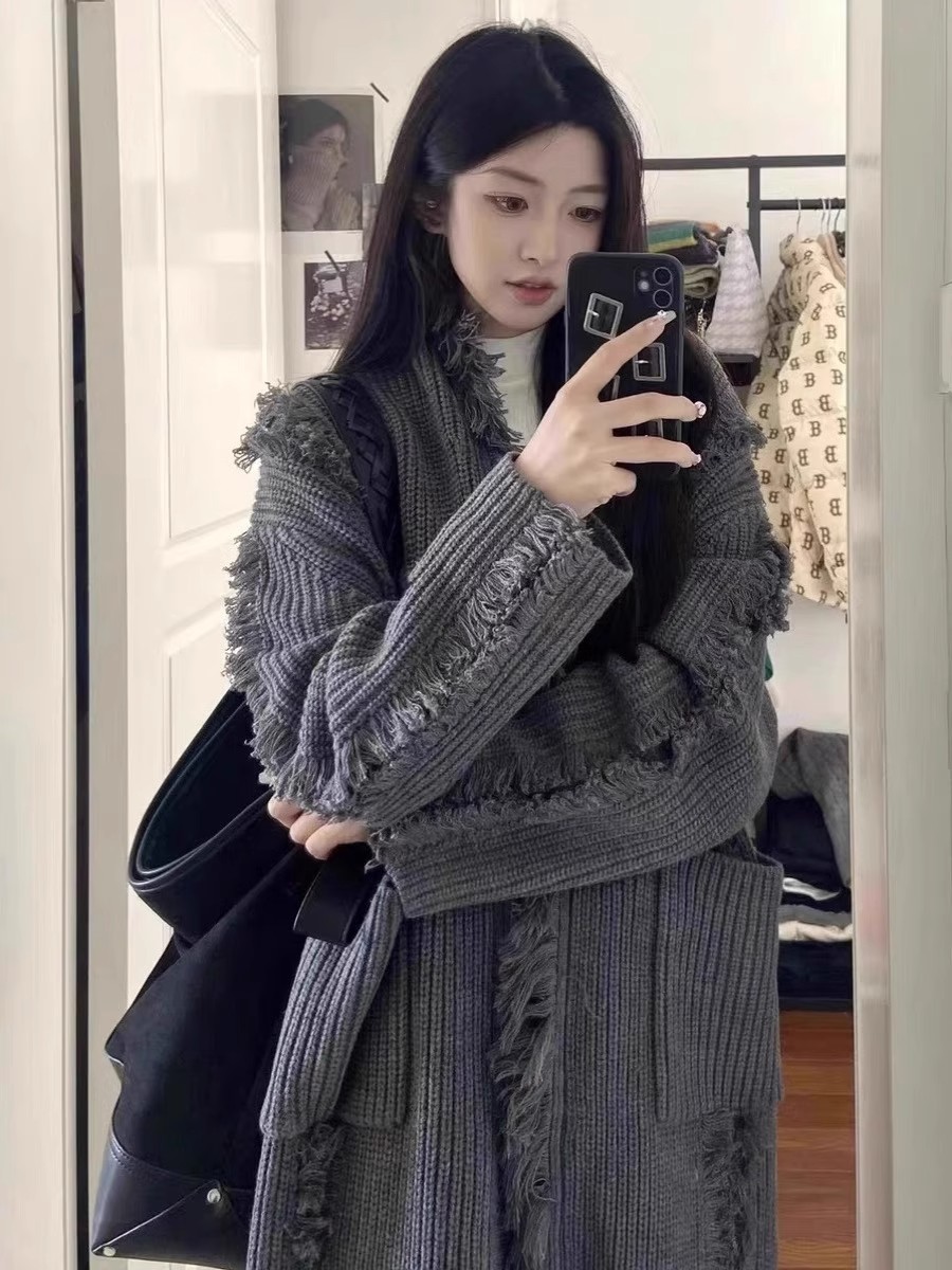 Sweater jacket lazy style  autumn and winter new large sweater retro tassel sweater jacket high-end outer wear