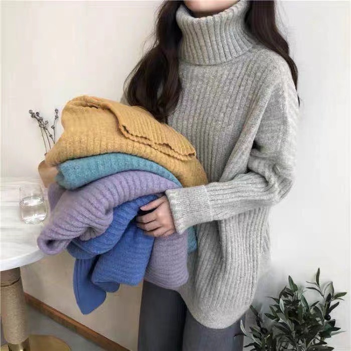 Loose and lazy style Internet celebrity fashionable turtleneck pullover sweater for women in autumn and winter, versatile slimming casual long-sleeved knitted top