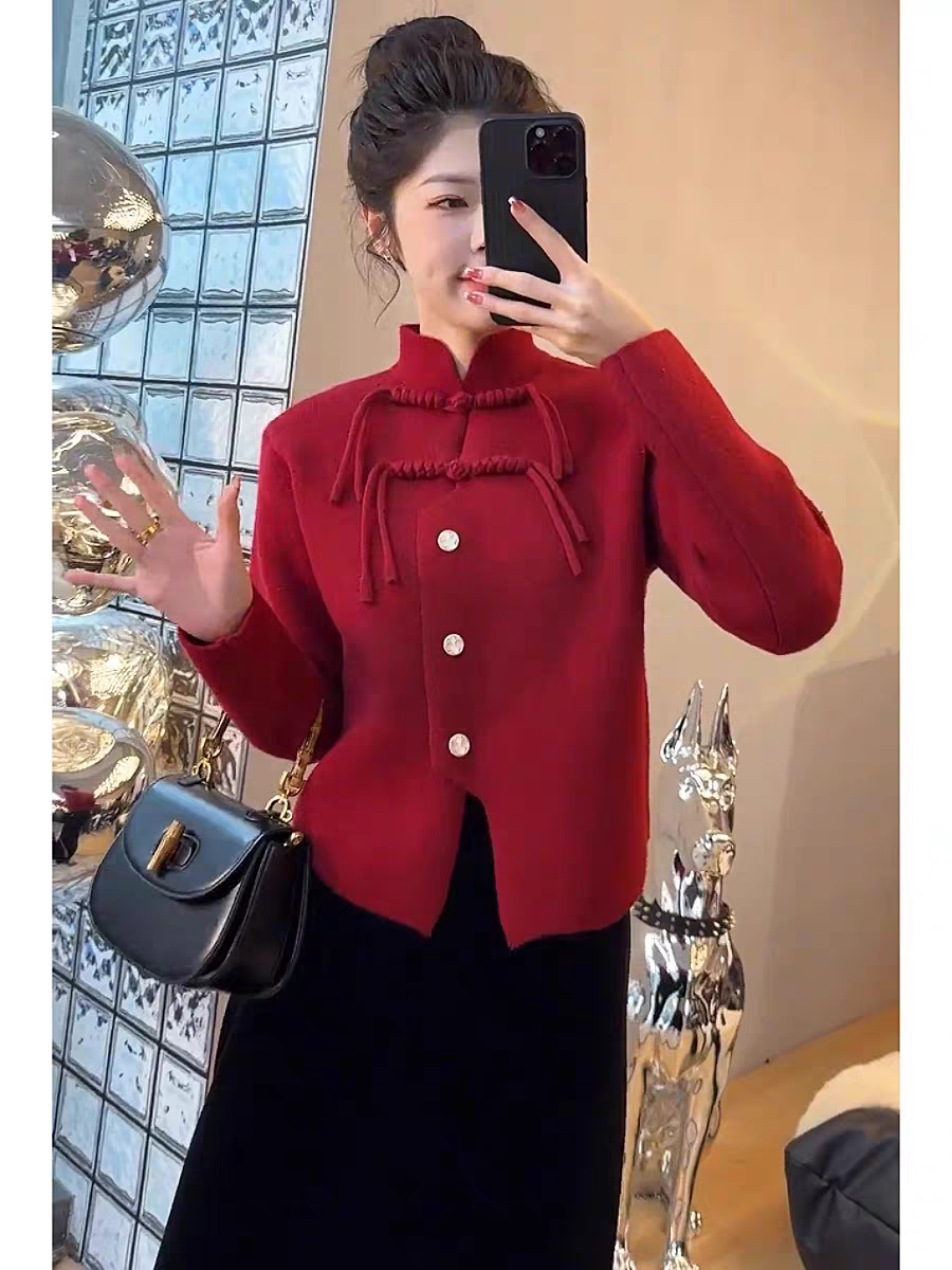 New Chinese style improved plate button sweater cardigan coat for women autumn and winter soft and waxy irregular temperament knitted sweater top