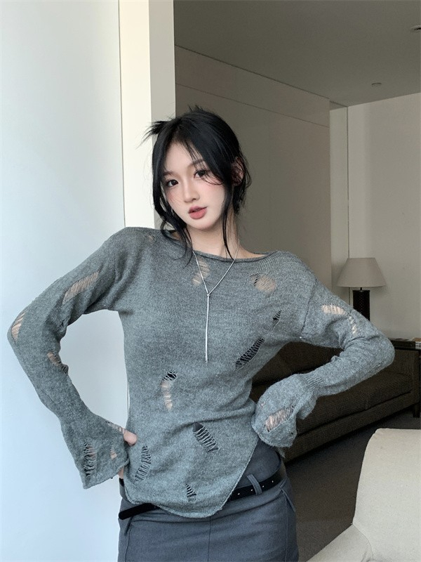 Lazy style ripped long-sleeved sun protection knitted blouse for women spring thin irregular design niche tops and jackets