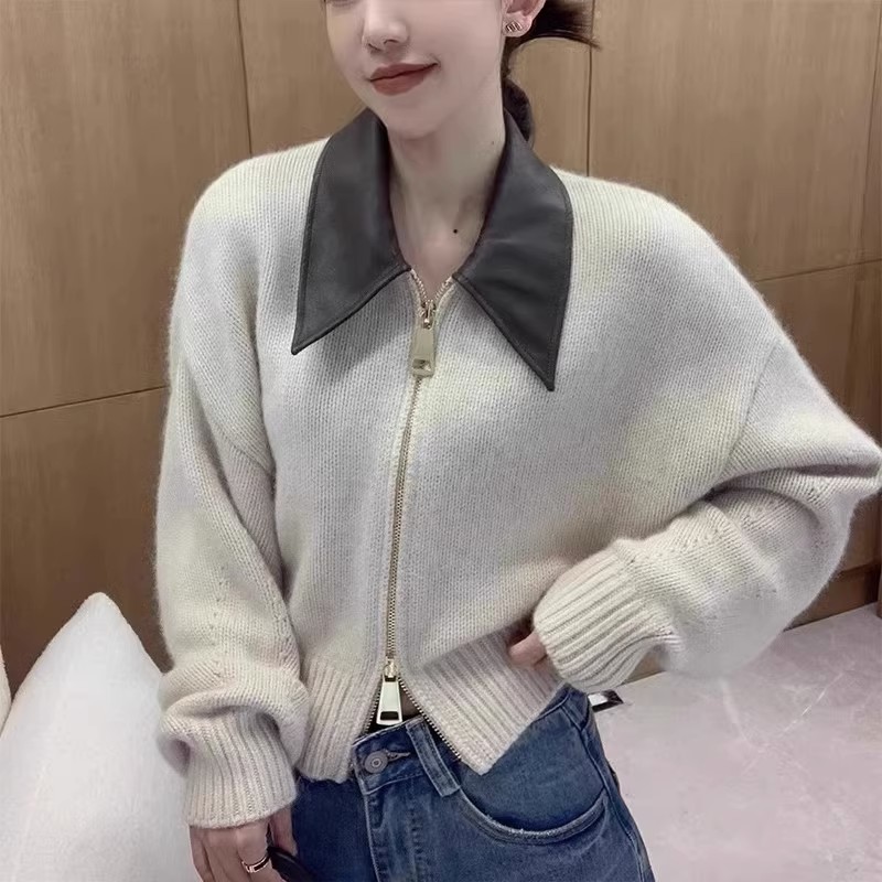 European high-end leather POLO collar stitching knitted cardigan double-ended zipper lazy style raccoon velvet sweater jacket for women