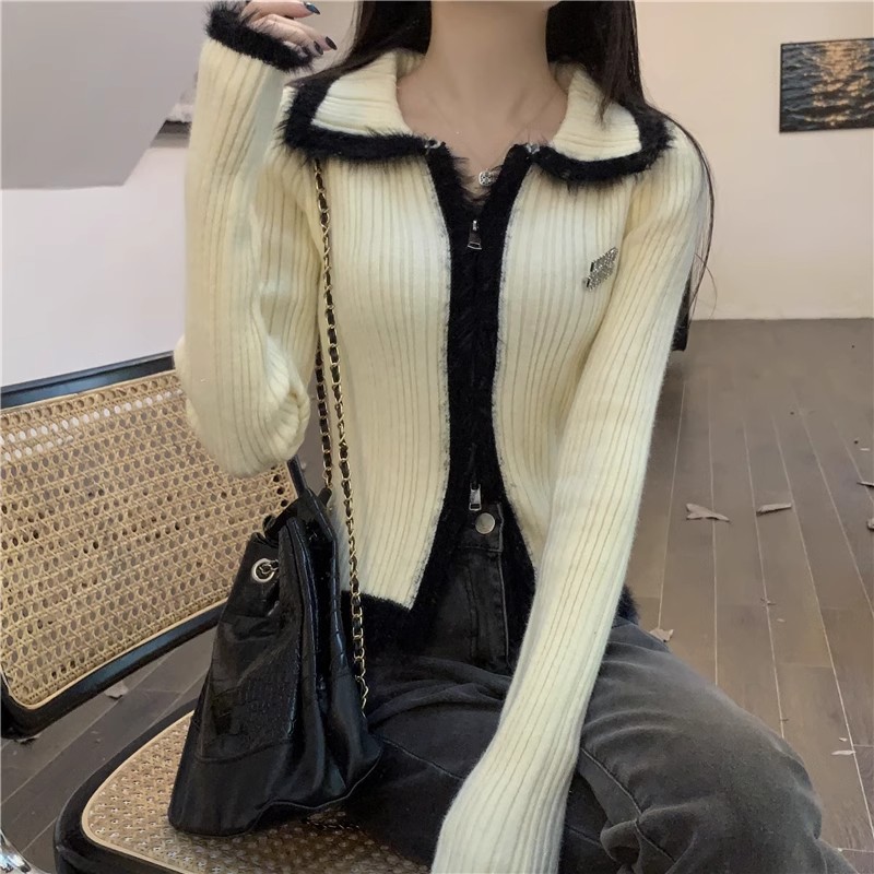 Red Christmas Plush Spliced ​​Lapel Knitted Cardigan Women's Autumn and Winter Slim Fit Chic Double Zipper Bottoming Sweater