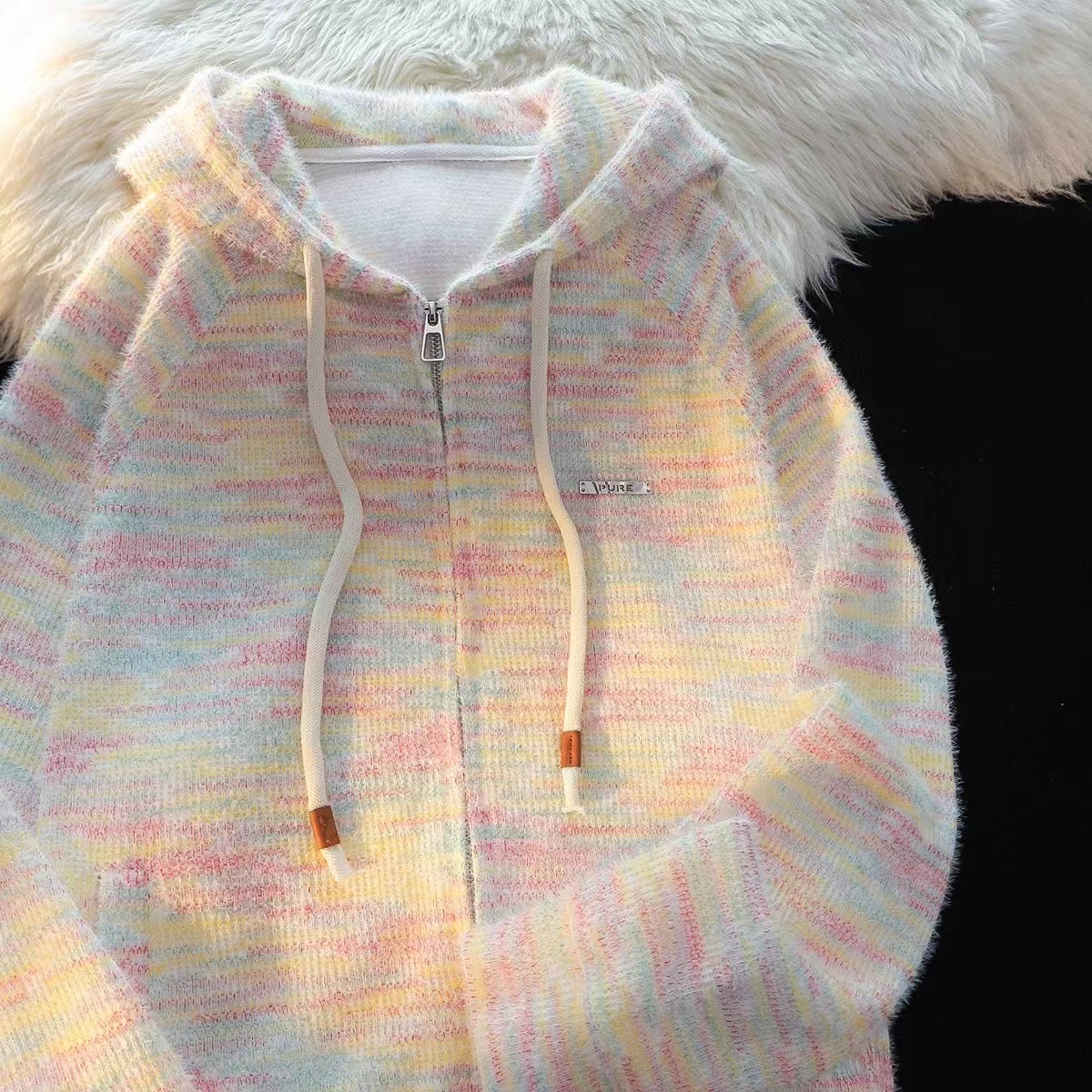 Breast fufu lazy hooded knitted cardigan jacket for women autumn 2024 soft waxy dopamine rainbow pink sweater autumn and winter